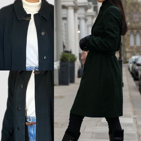 80s Luba Paris Vintage Emerald Green Cashmere/Wool  Trench Pea Coat‎ Fur Trimmed - Picture 3 of 16